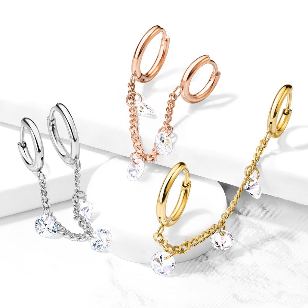 Chain Linked Round Clicker Ear Jewelled Hoop Earring