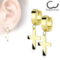Dangling Cross Huggie Hoop Earrings - Gold