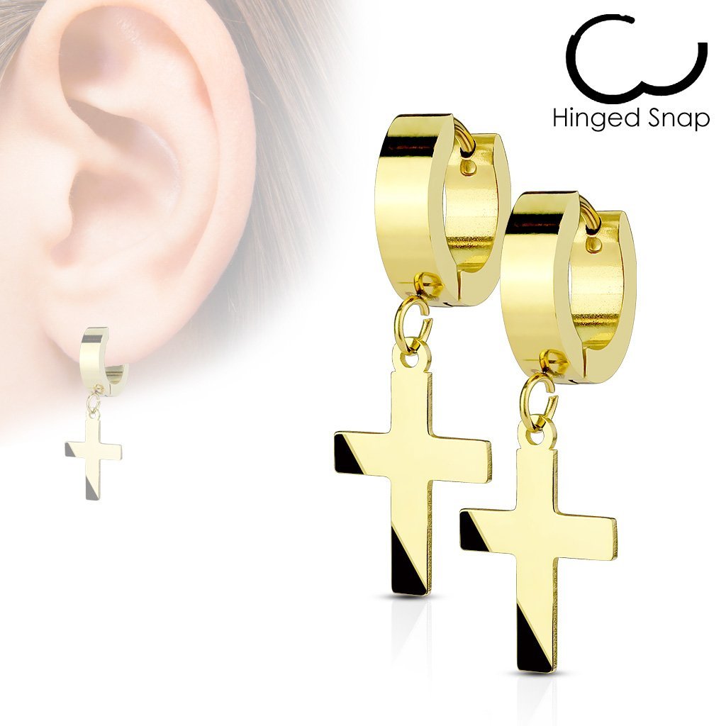 Dangling Cross Huggie Hoop Earrings - Gold