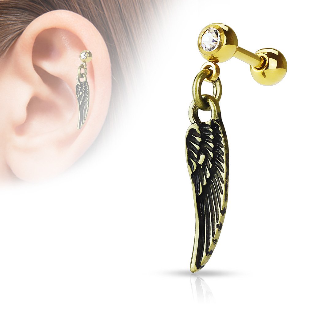 16 Gauge Dangling Feather Cartilage / Tragus Stud - Gold / Silver