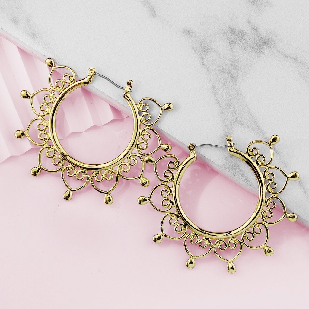 Gold Heart Filigree Hoops