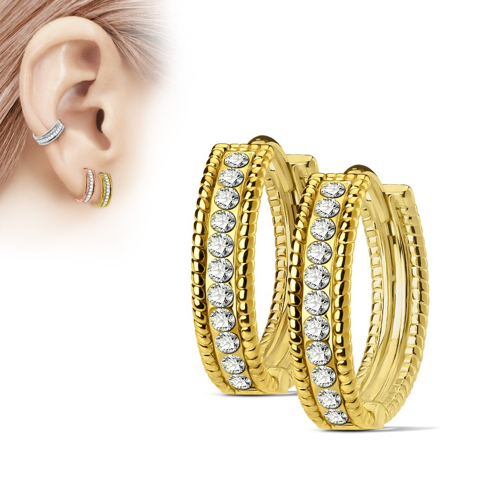 Golden Beaded Edge Crystal Huggie Hoop Earrings
