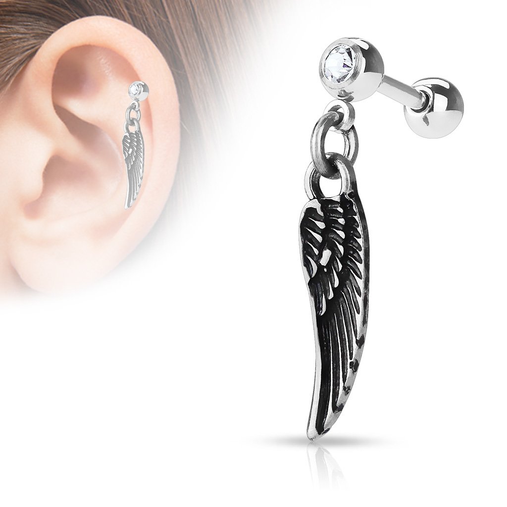 16 Gauge Dangling Feather Cartilage / Tragus Stud - Gold / Silver