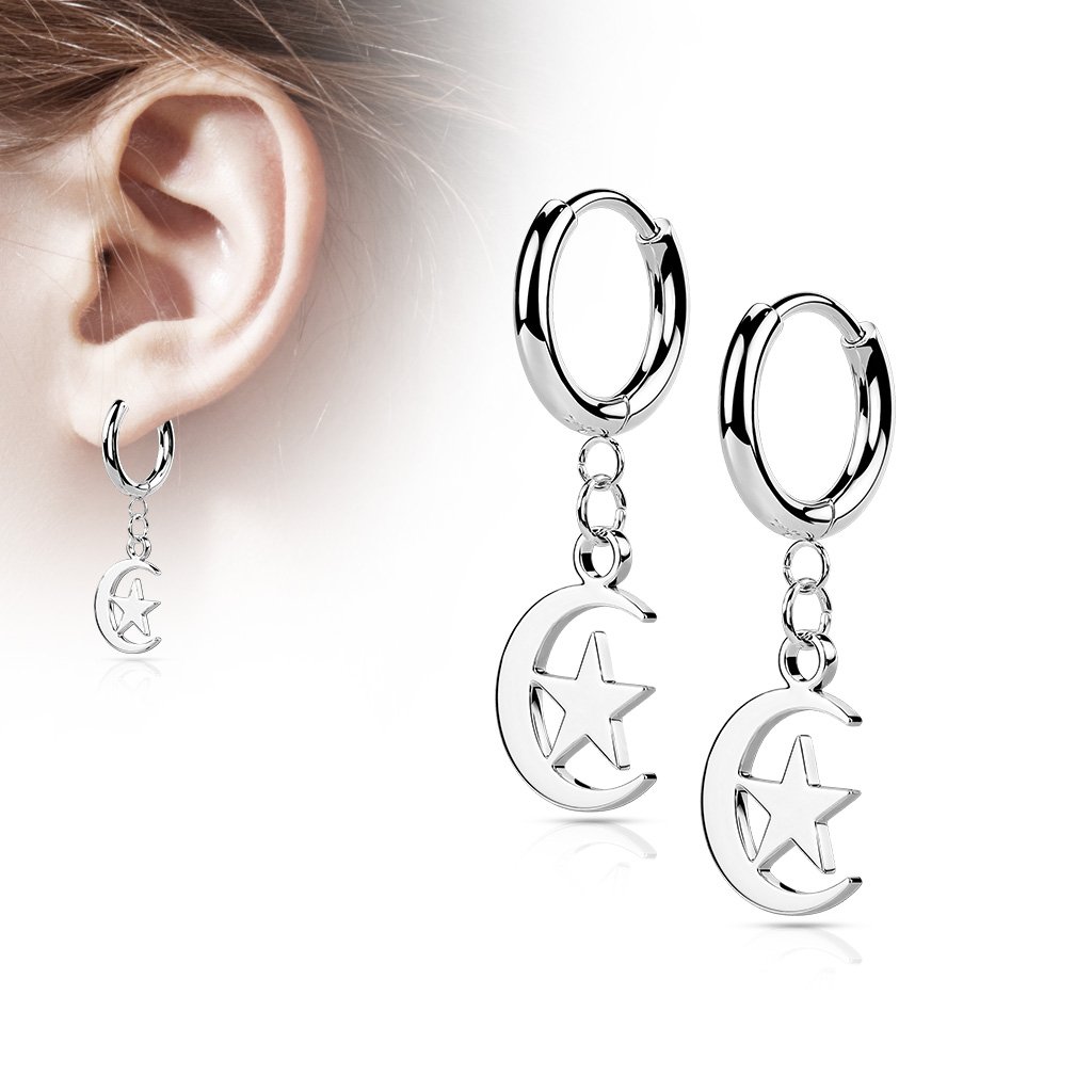 Silver Hinged Hoop Earrings with Moon and Star