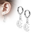 Silver Hinged Hoop Earrings with Moon and Star