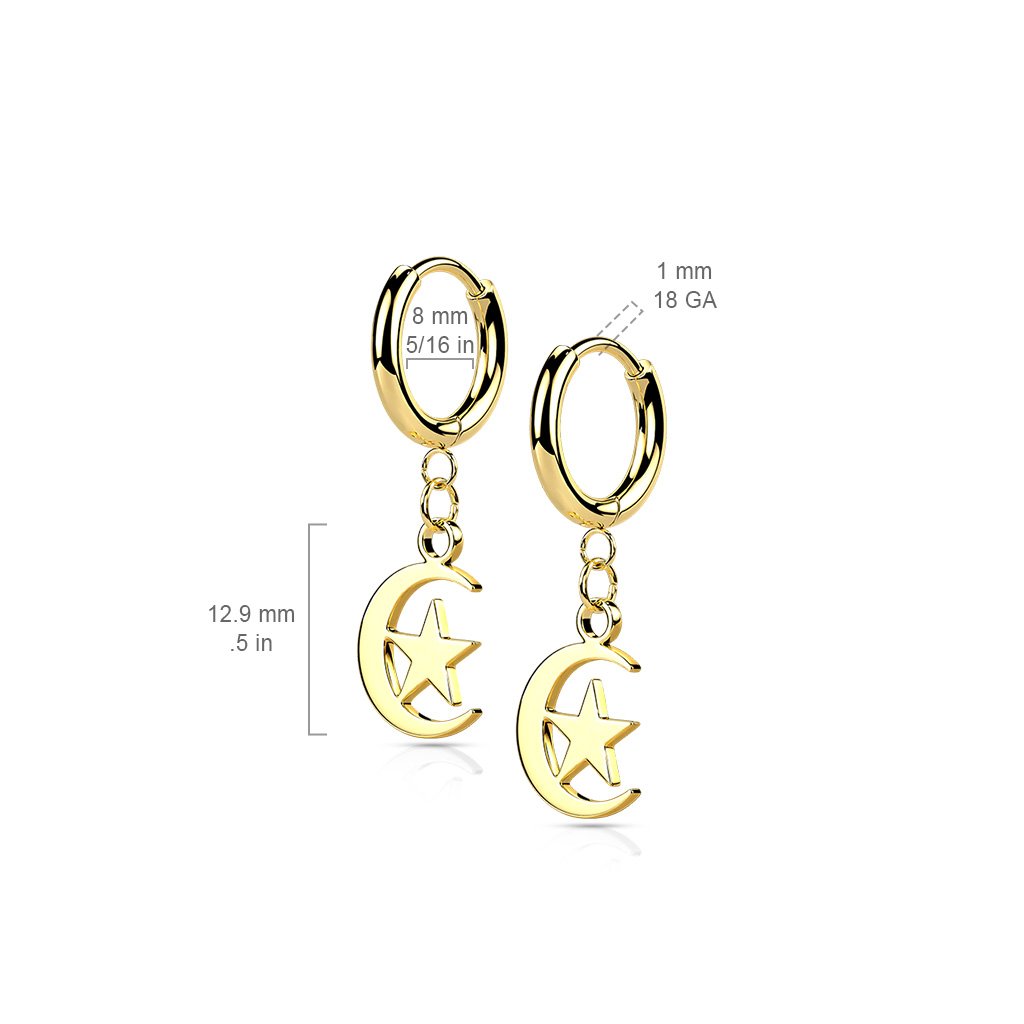 Silver Hinged Hoop Earrings with Moon and Star
