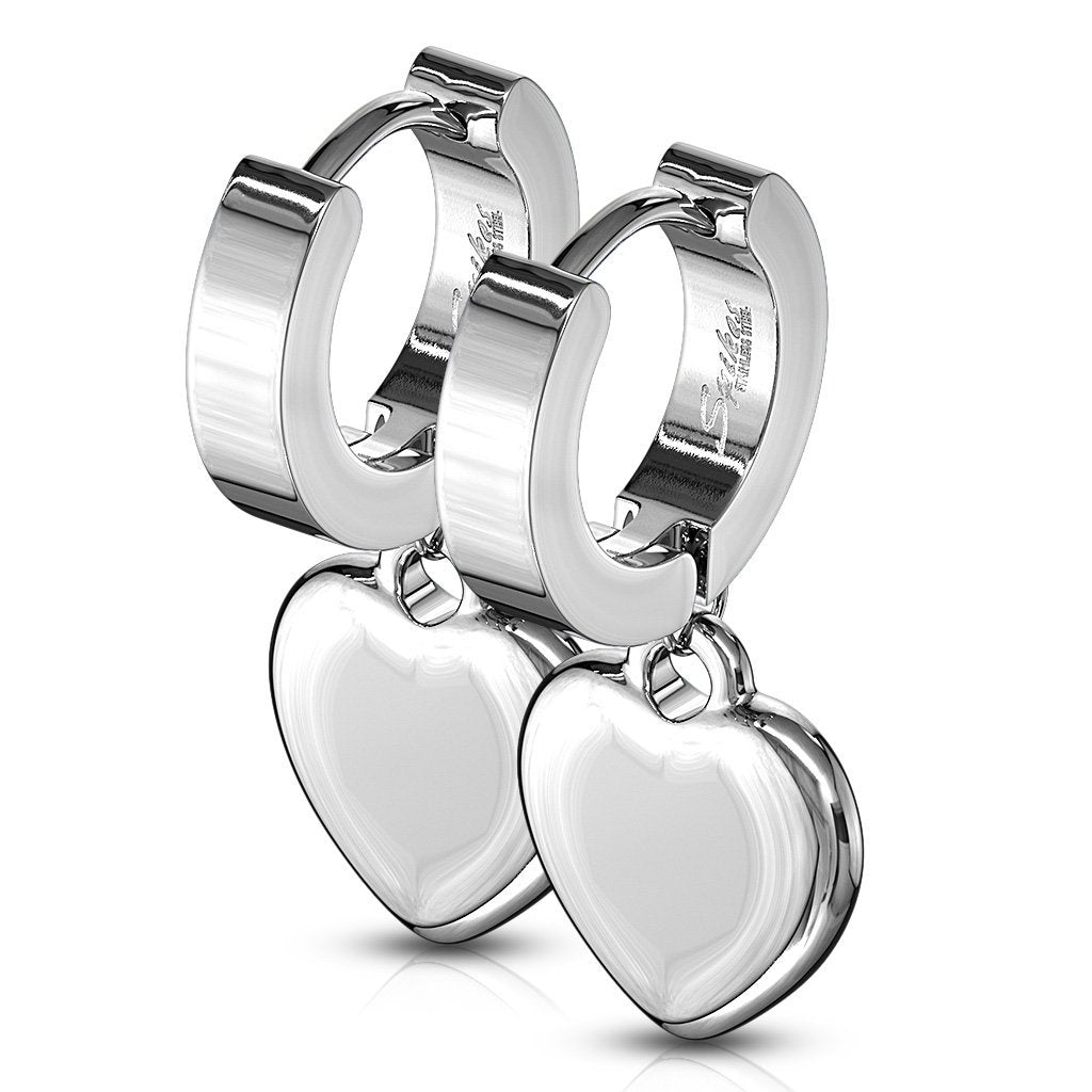 Dangling Heart Huggie Hoop Earrings - Silver