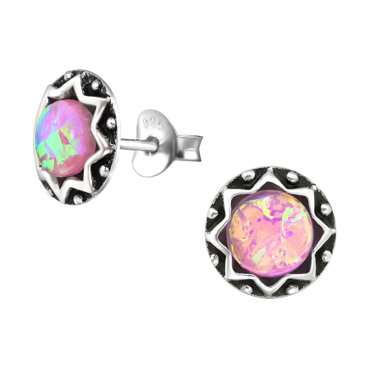 Sterling Silver Pink Opal Mandala Studs