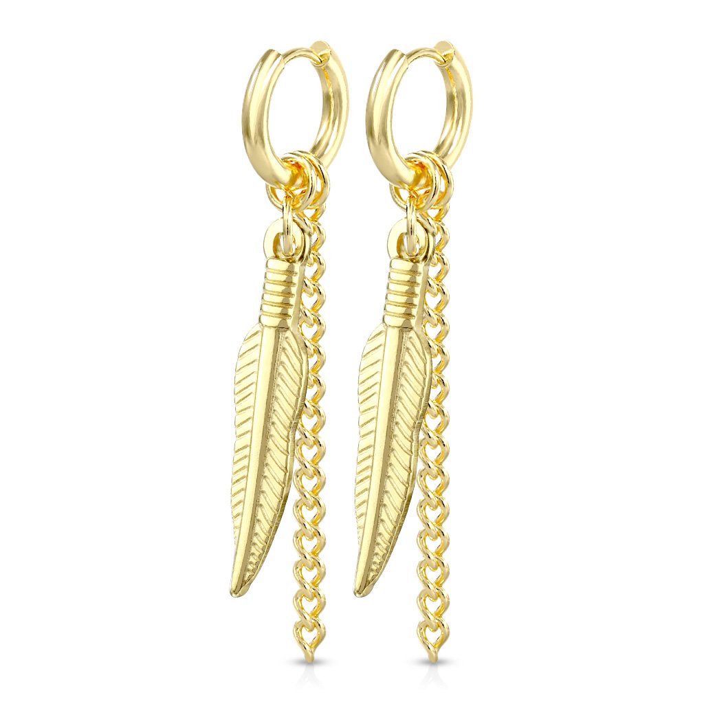 Tribal Feather Clicker Hoop Earrings - Gold
