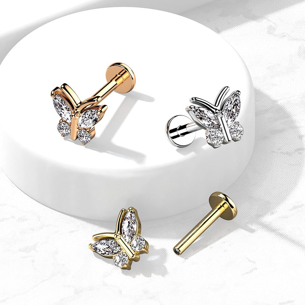 16 Gauge Internally Threaded Crystal Butterfly Stud