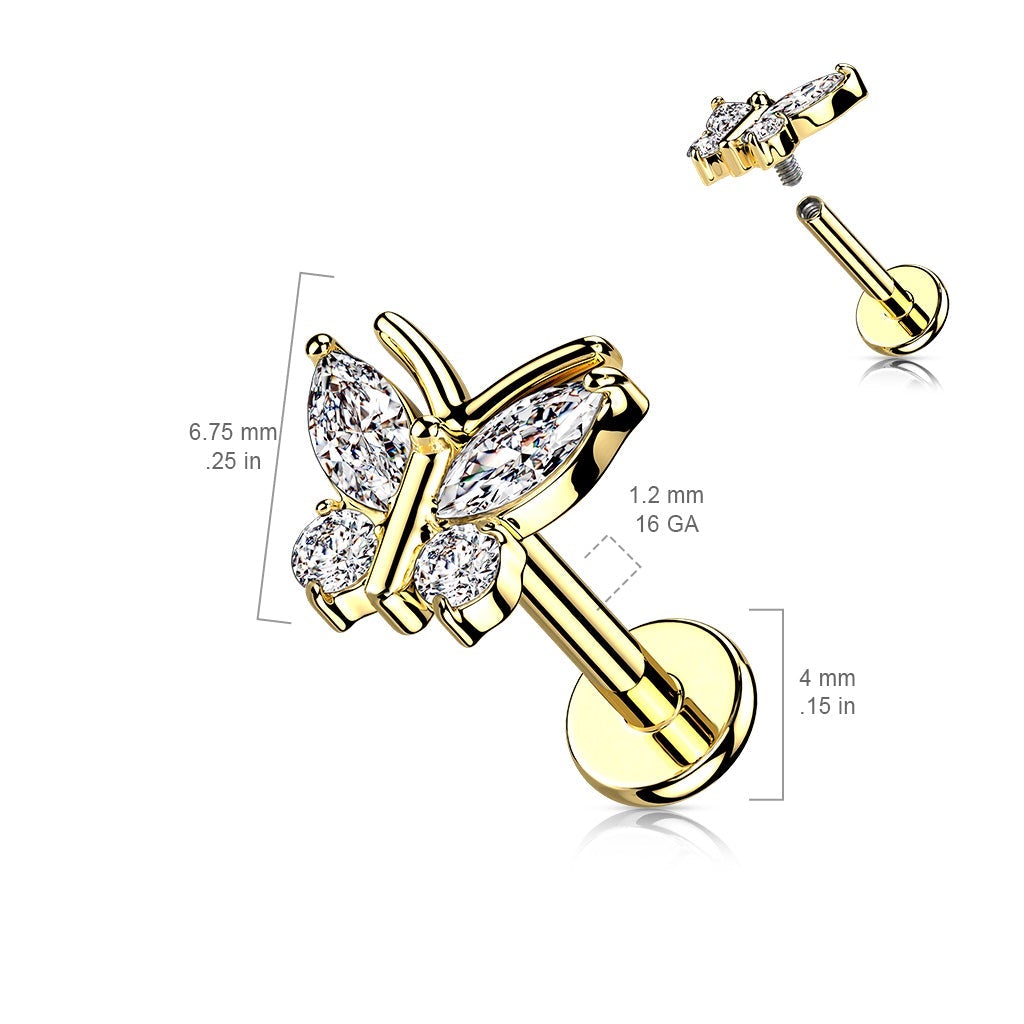 16 Gauge Internally Threaded Crystal Butterfly Stud