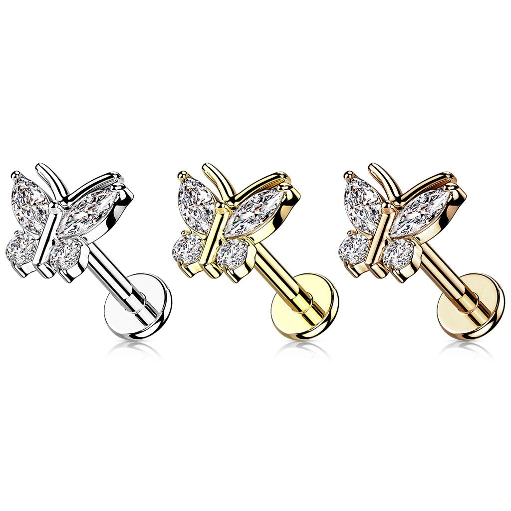 16 Gauge Internally Threaded Crystal Butterfly Stud