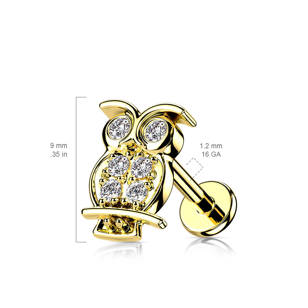 16 Gauge Internally Threaded Crystal Owl Stud