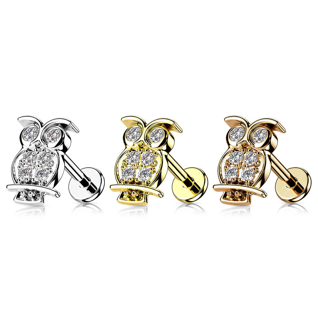 16 Gauge Internally Threaded Crystal Owl Stud