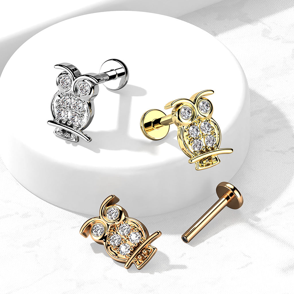 16 Gauge Internally Threaded Crystal Owl Stud