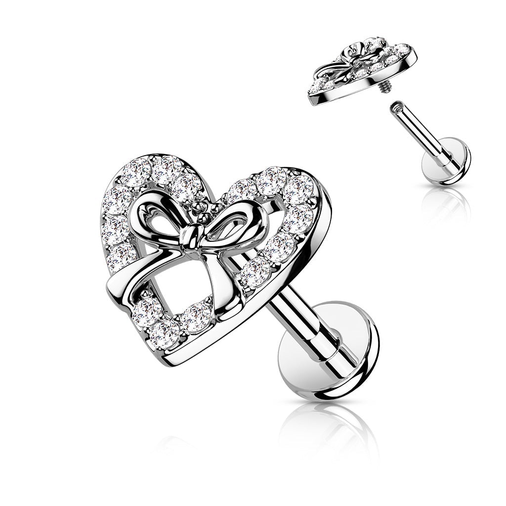 16 Gauge Internally Threaded Flat Back Crystal Bow & Heart Stud