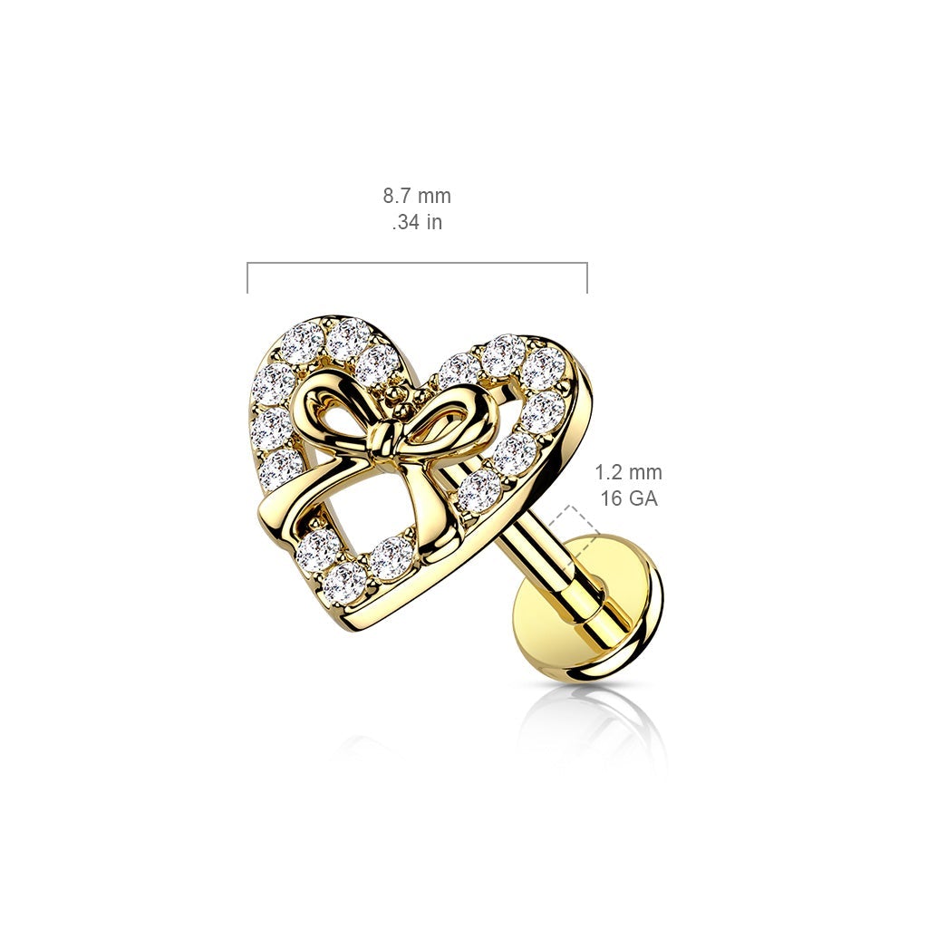 16 Gauge Internally Threaded Flat Back Crystal Bow & Heart Stud