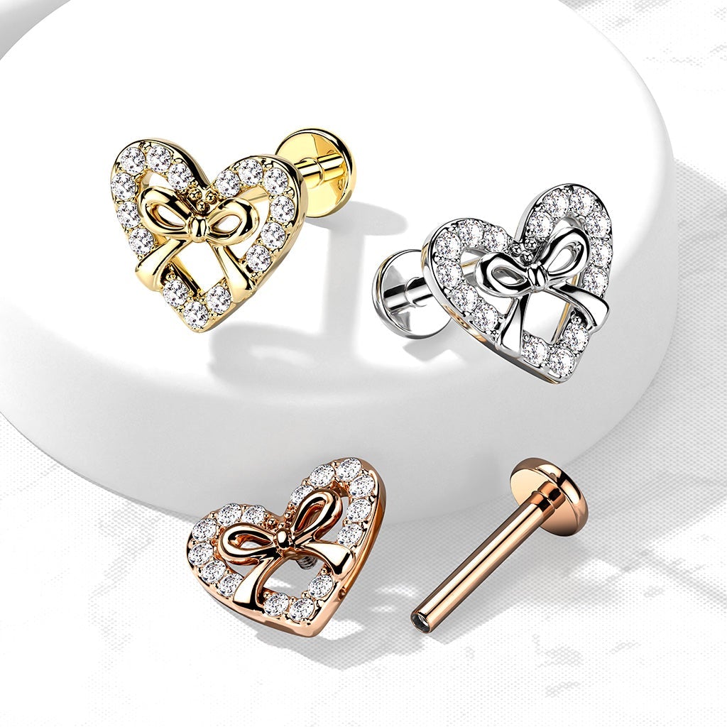 16 Gauge Internally Threaded Flat Back Crystal Bow & Heart Stud