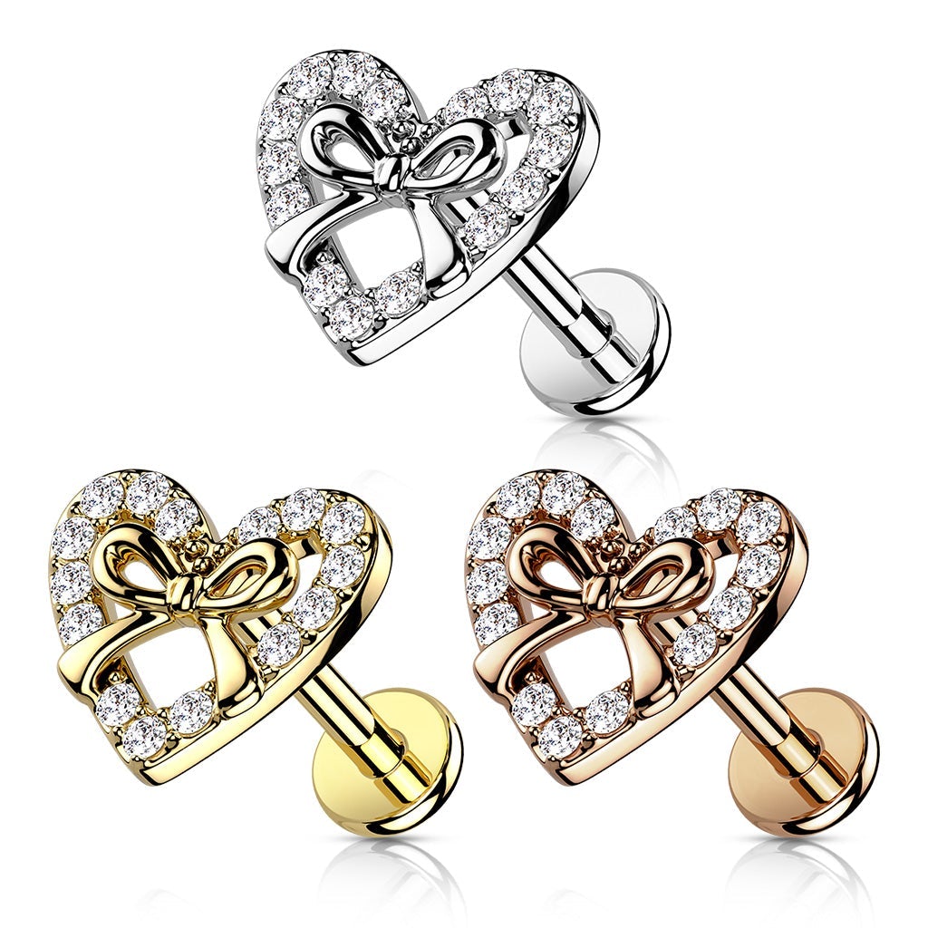 16 Gauge Internally Threaded Flat Back Crystal Bow & Heart Stud