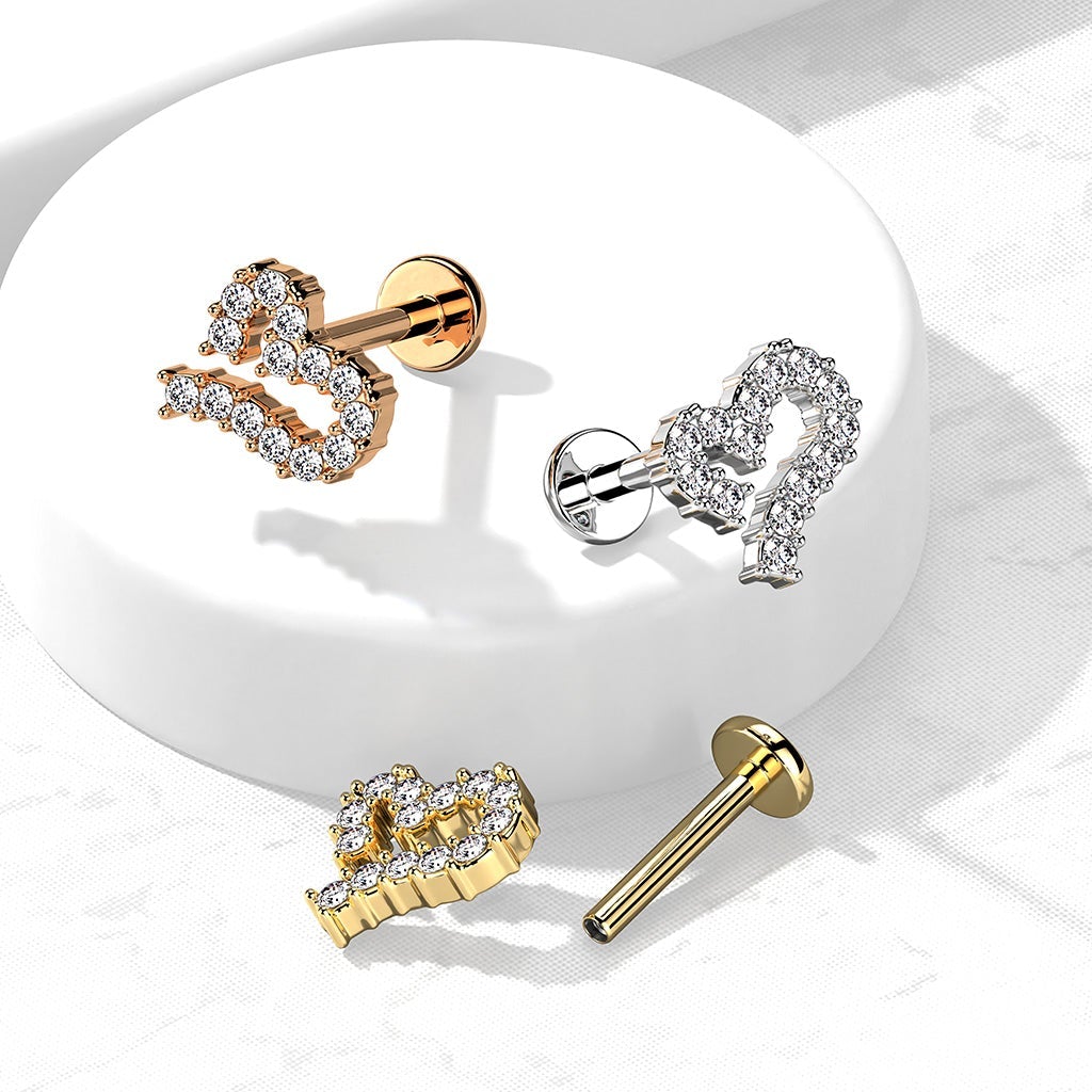 16 Gauge Internally Threaded Flat Back Crystal Silhouette Heart Stud