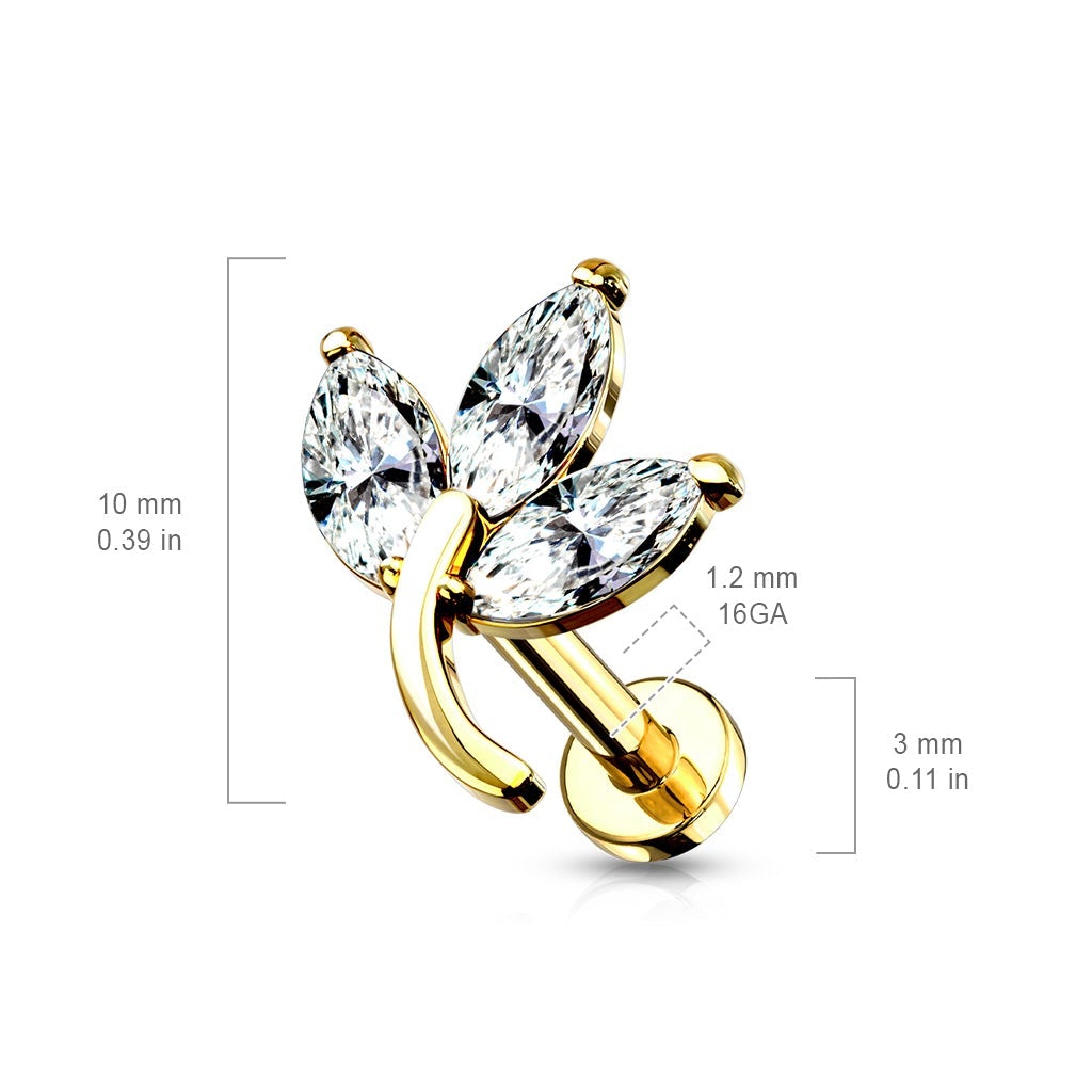 16 Gauge Internally Threaded Flat Back Crystal Trio Leaf Stud