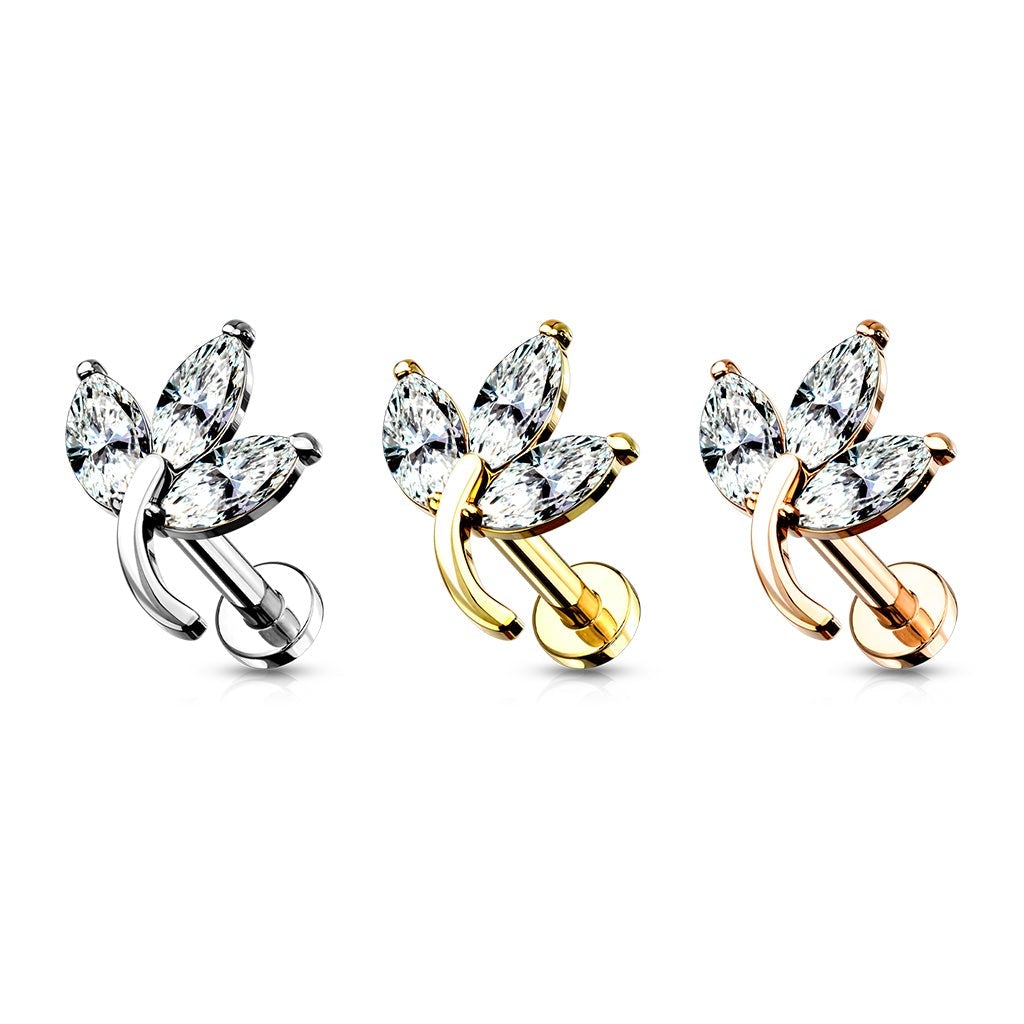 16 Gauge Internally Threaded Flat Back Crystal Trio Leaf Stud