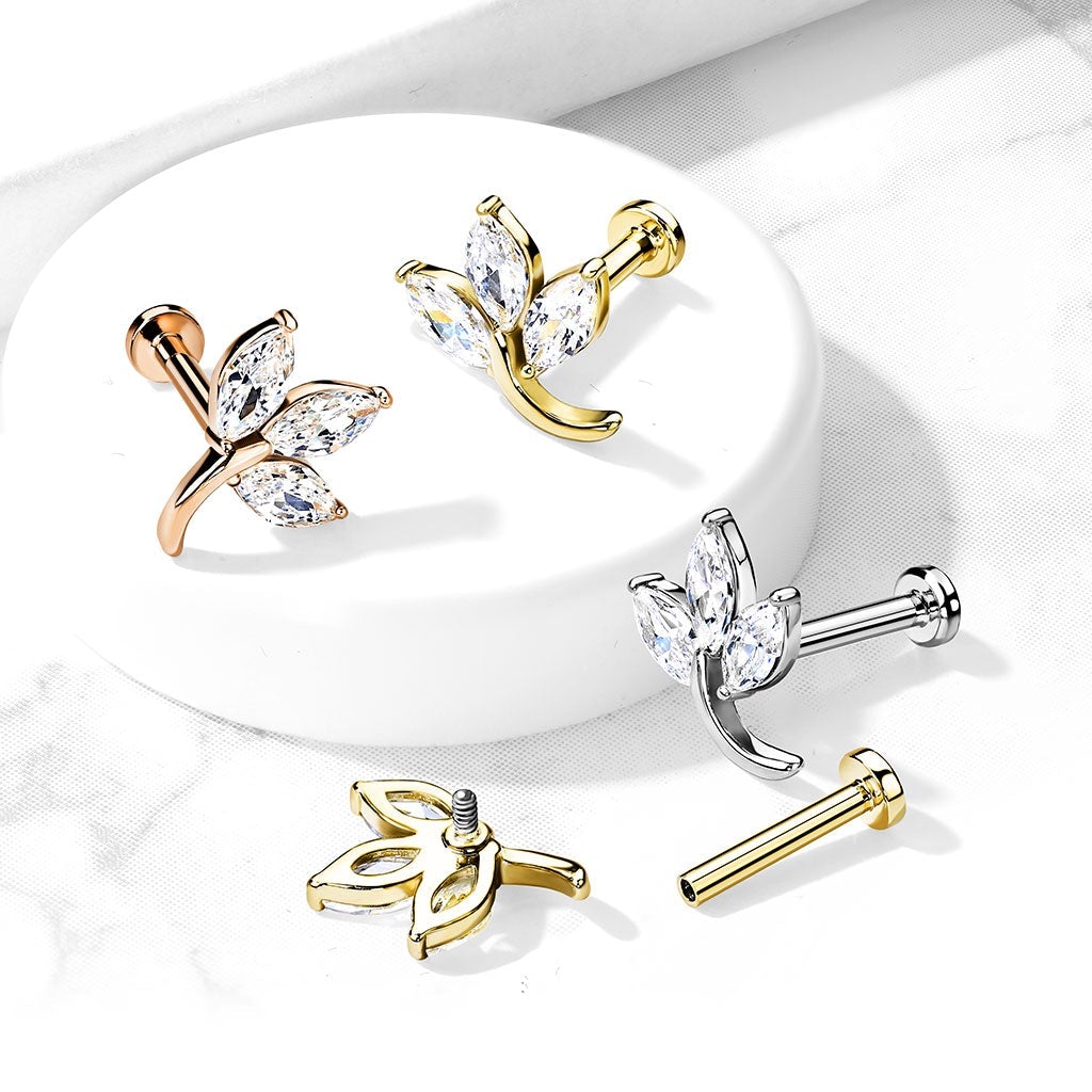 16 Gauge Internally Threaded Flat Back Crystal Trio Leaf Stud
