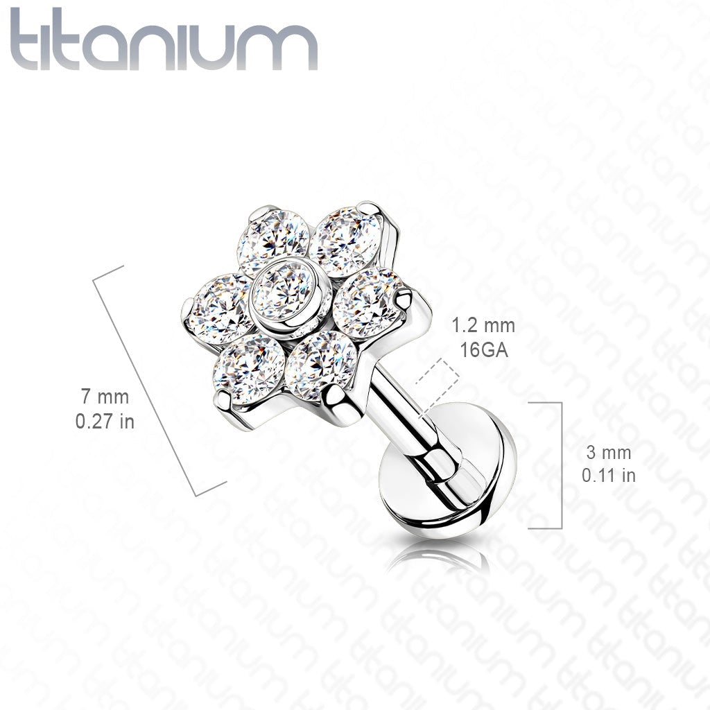 16 Gauge Titanium Internally Threaded Five Petal Crystal Flower Stud - Silver