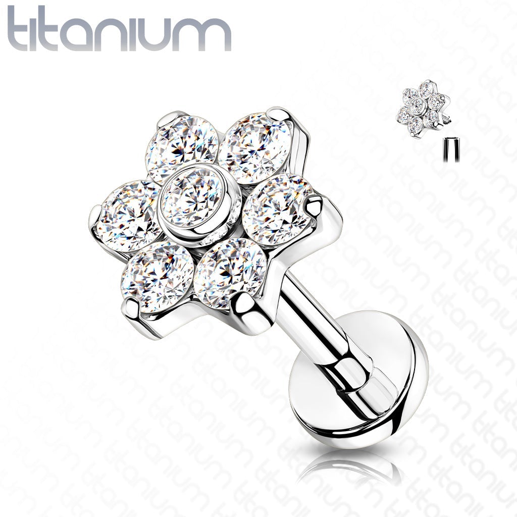 16 Gauge Titanium Internally Threaded Five Petal Crystal Flower Stud - Silver