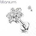 16 Gauge Titanium Internally Threaded Five Petal Crystal Flower Stud - Silver