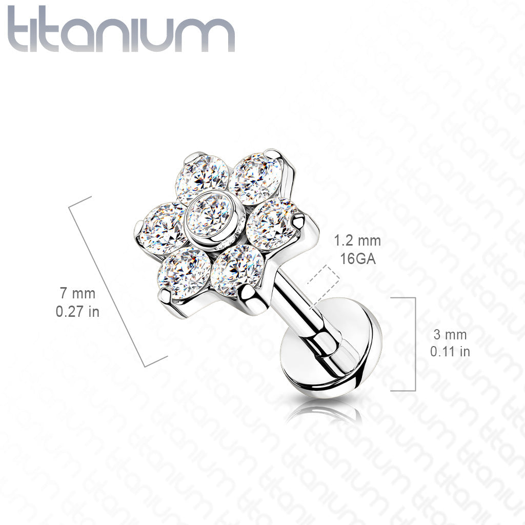 16 Gauge Titanium Internally Threaded Five Petal Crystal Flower Stud - Gold