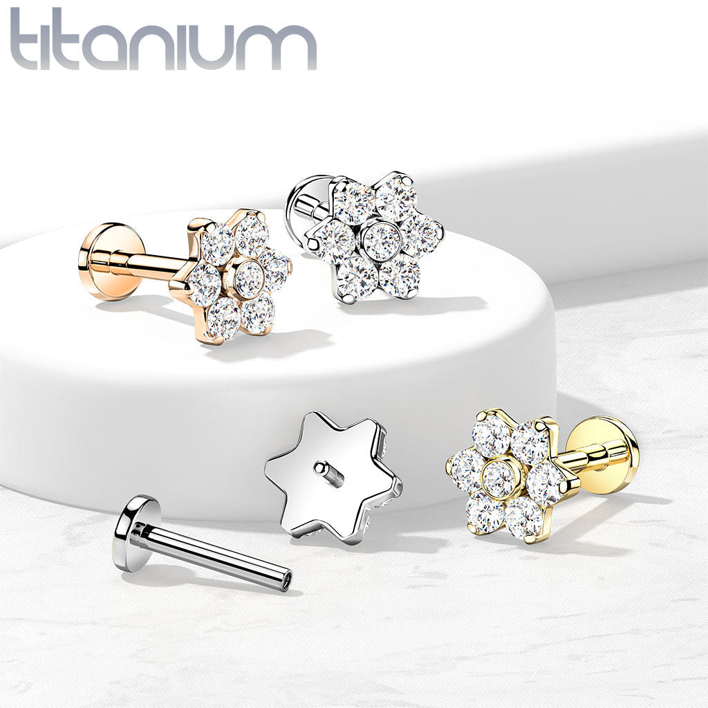 16 Gauge Titanium Internally Threaded Five Petal Crystal Flower Stud - Gold