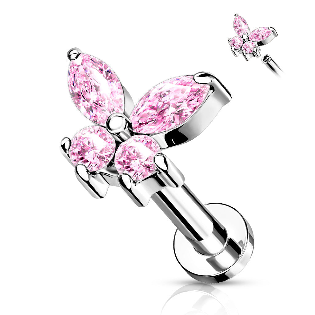 16 Gauge Internally Threaded Flat Back Crystal Butterfly Stud