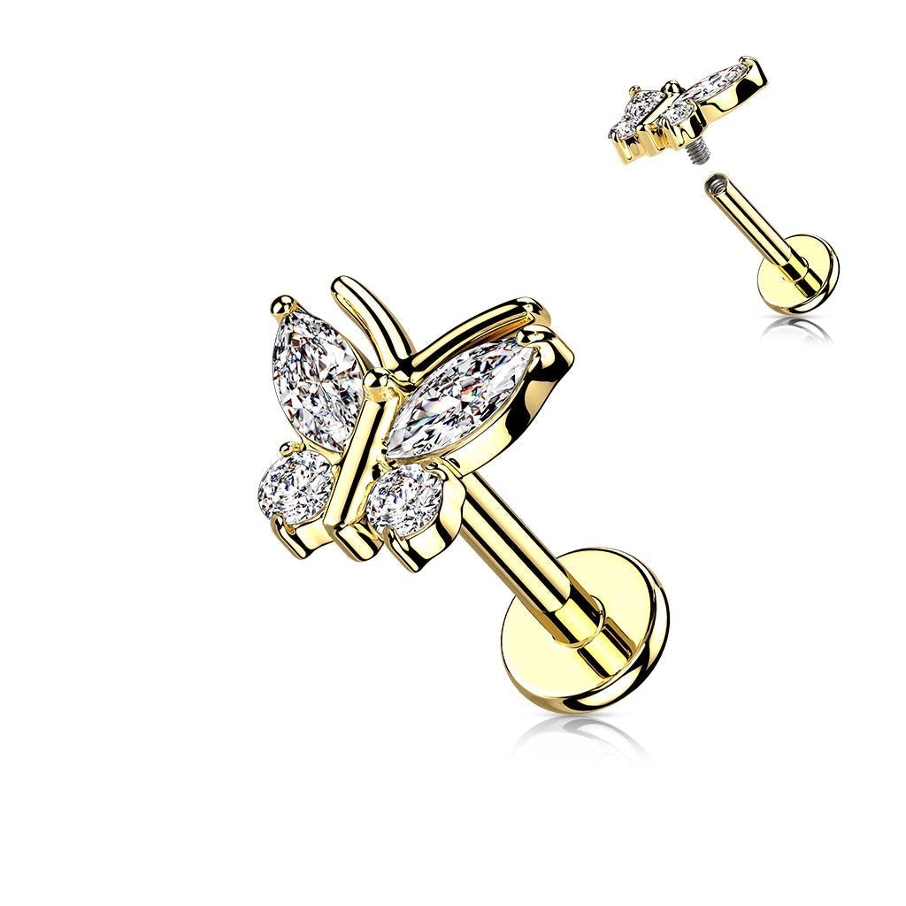 16 Gauge Internally Threaded Crystal Butterfly Stud