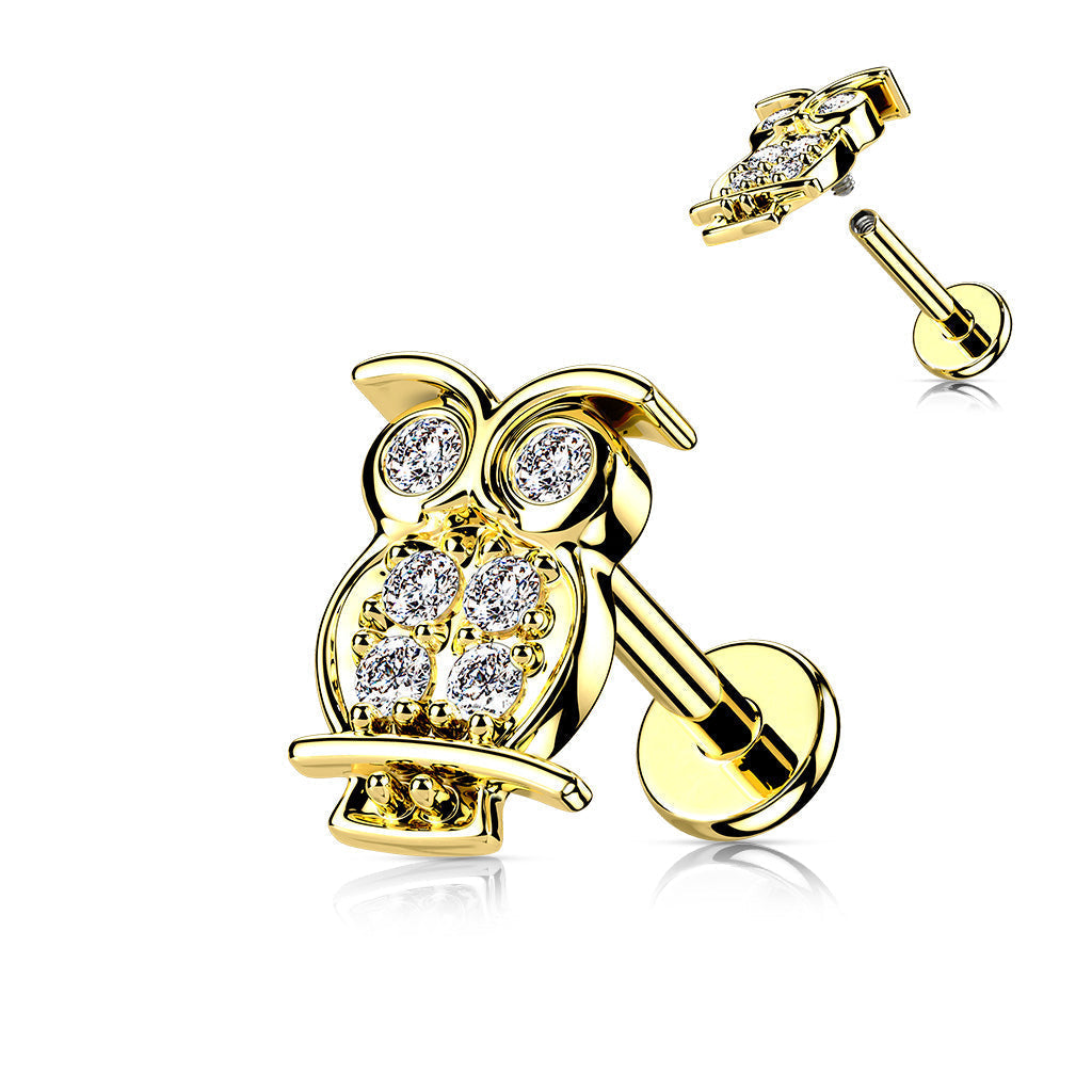16 Gauge Internally Threaded Crystal Owl Stud