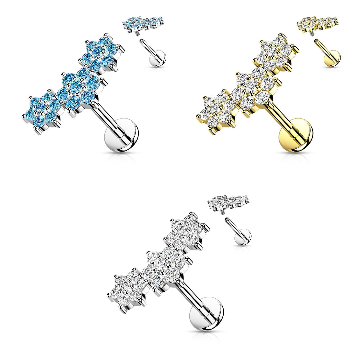 16 Gauge Internally Threaded Flat Back Crystal Flower Trio Stud