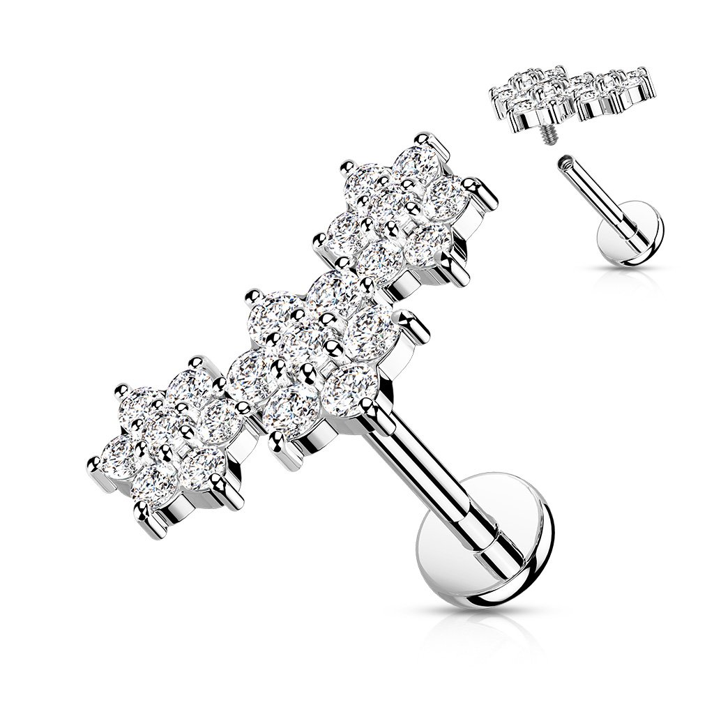 16 Gauge Internally Threaded Flat Back Crystal Flower Trio Stud