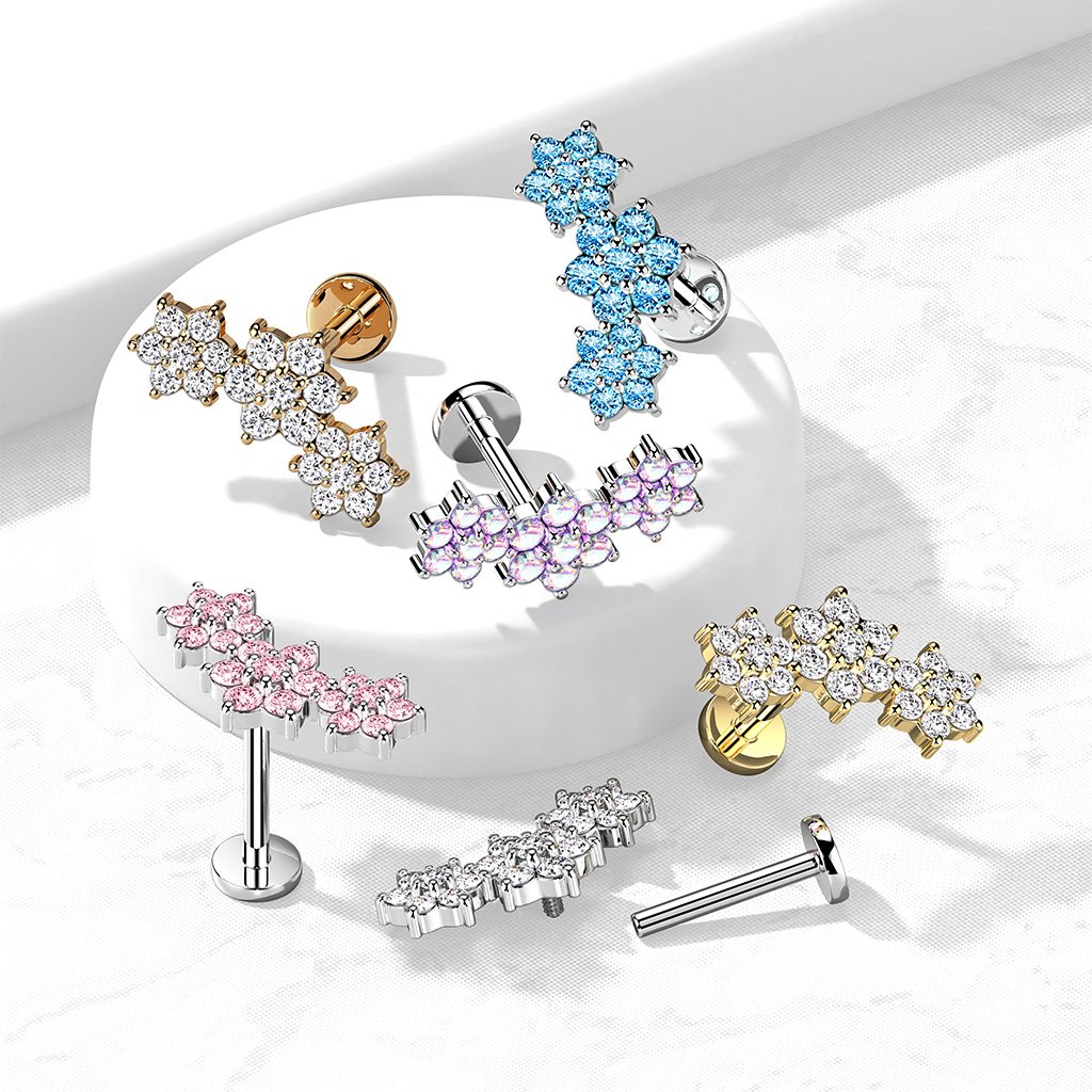 16 Gauge Internally Threaded Flat Back Crystal Flower Trio Stud