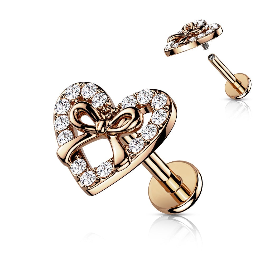 16 Gauge Internally Threaded Flat Back Crystal Bow & Heart Stud