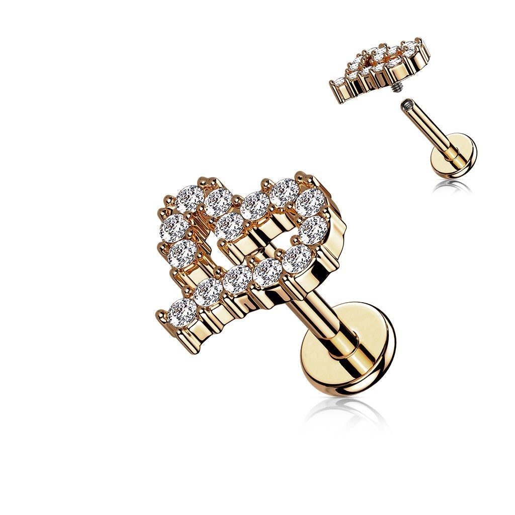 16 Gauge Internally Threaded Flat Back Crystal Silhouette Heart Stud