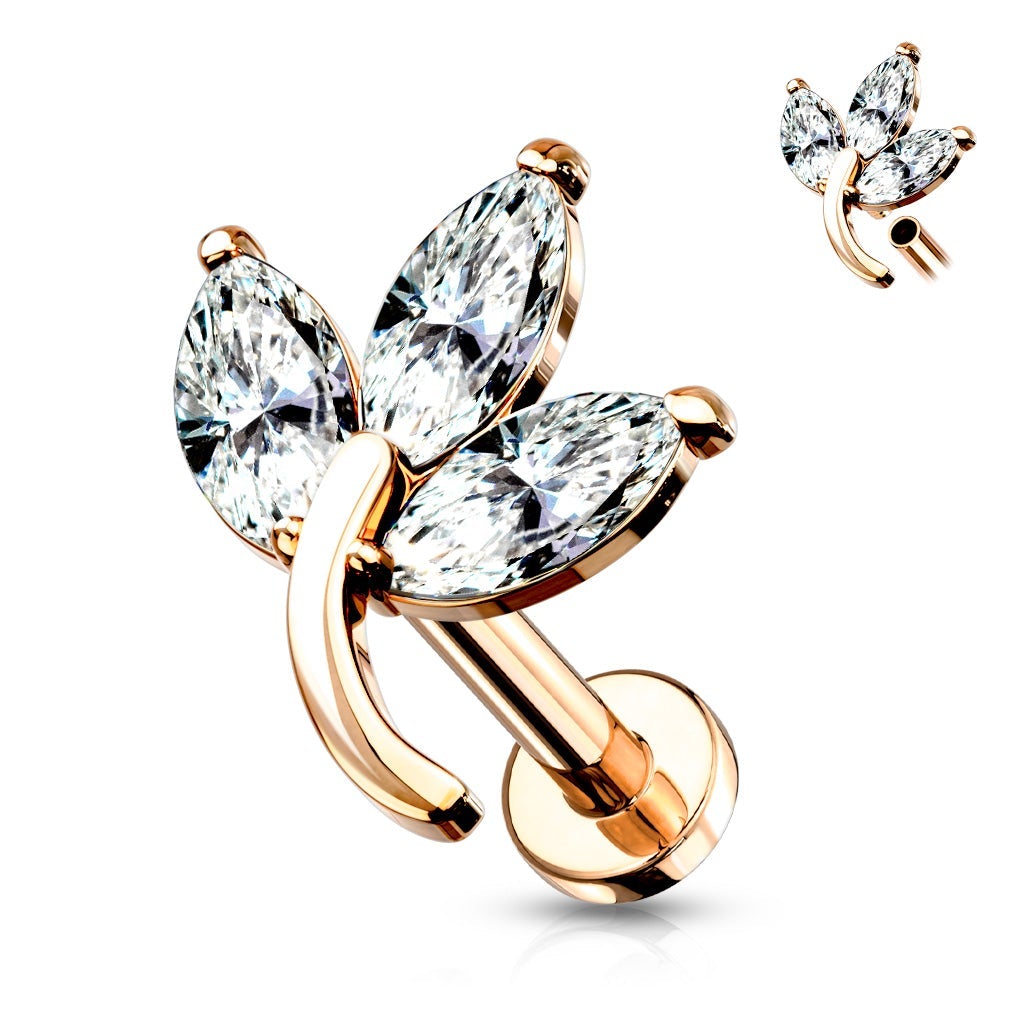 16 Gauge Internally Threaded Flat Back Crystal Trio Leaf Stud