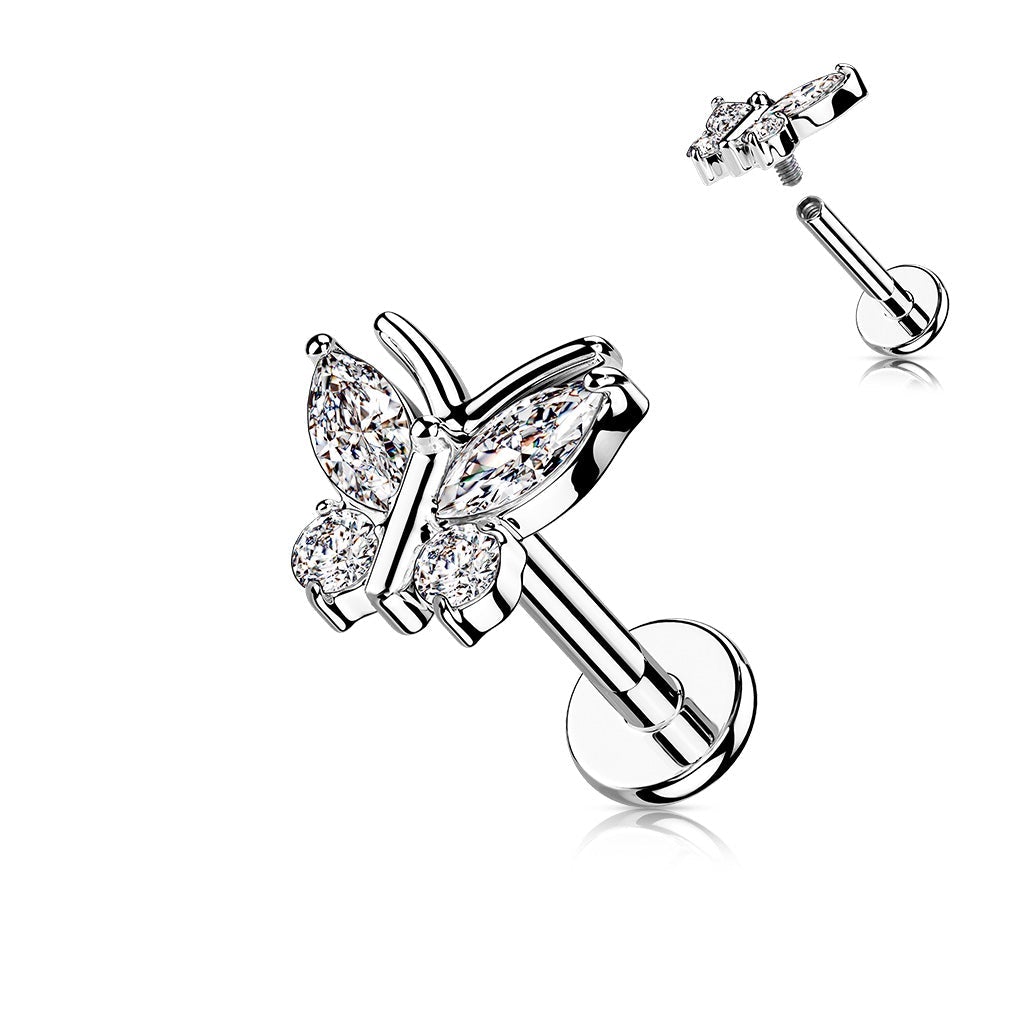 16 Gauge Internally Threaded Crystal Butterfly Stud