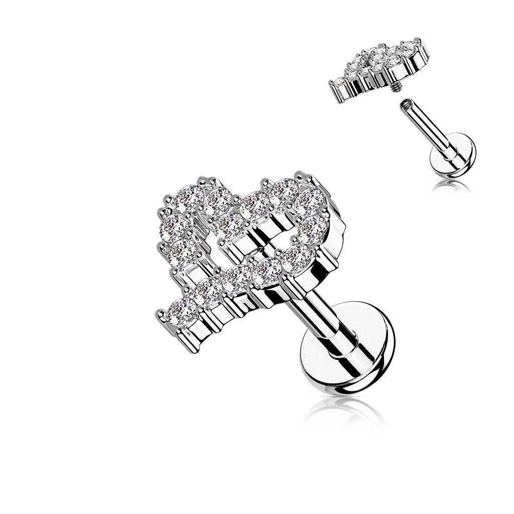 16 Gauge Internally Threaded Flat Back Crystal Silhouette Heart Stud