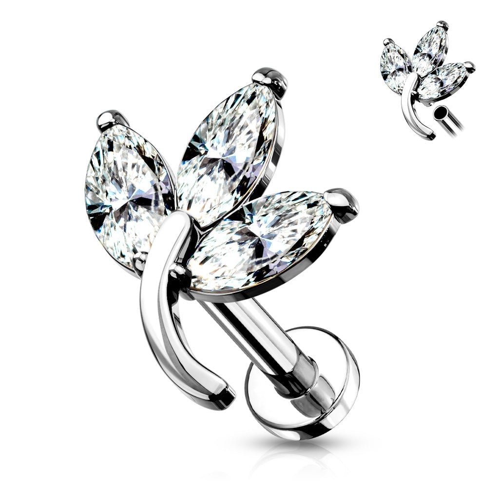 16 Gauge Internally Threaded Flat Back Crystal Trio Leaf Stud