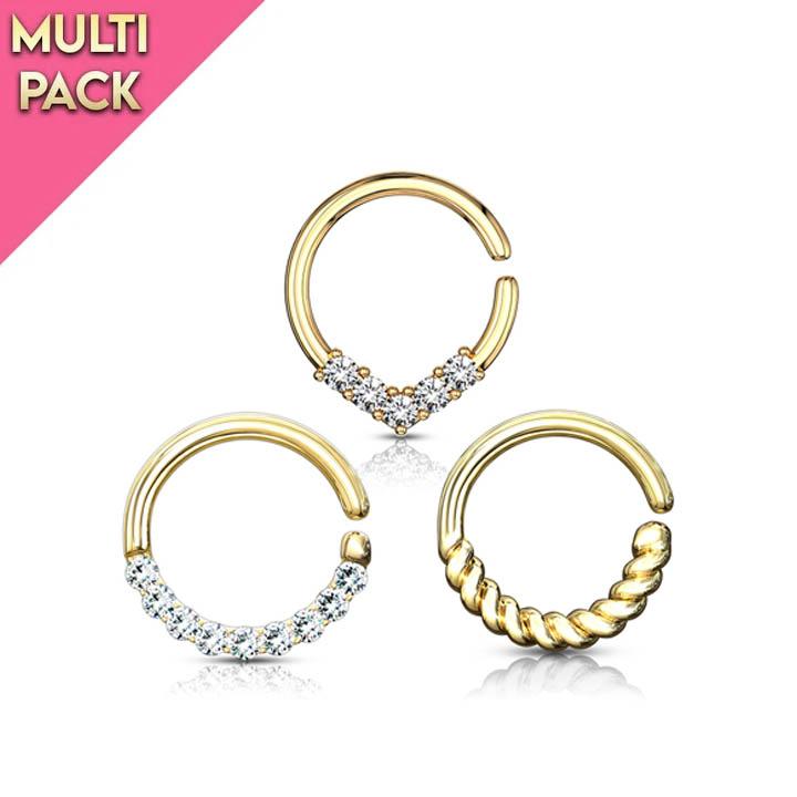 3 Pack 16 Gauge Half Crystal Cut Hoop Ring