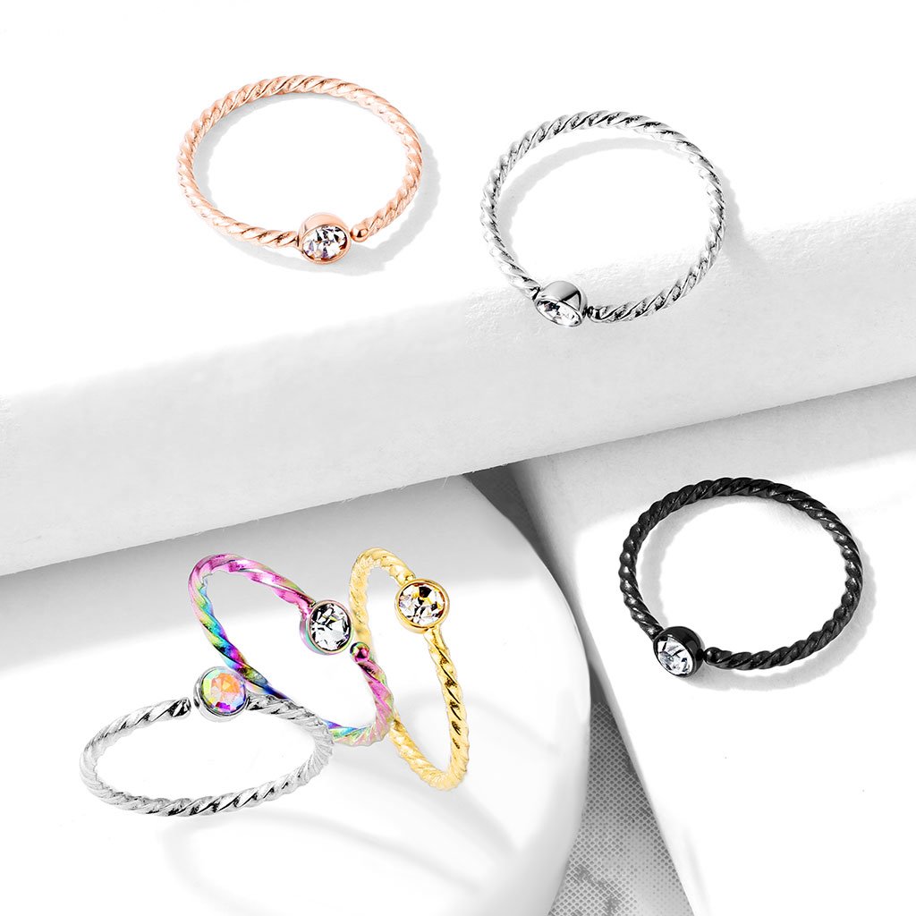 20 Gauge Crystal Set Twisted Rope Bendable Hoop Ring