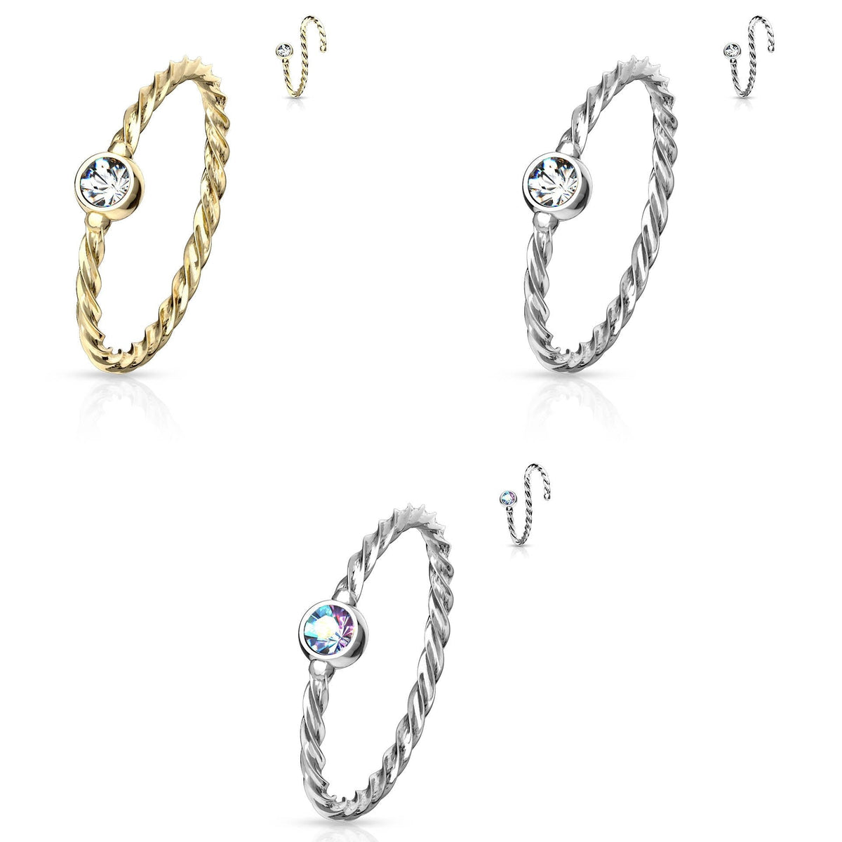 20 Gauge Crystal Set Twisted Rope Bendable Hoop Ring