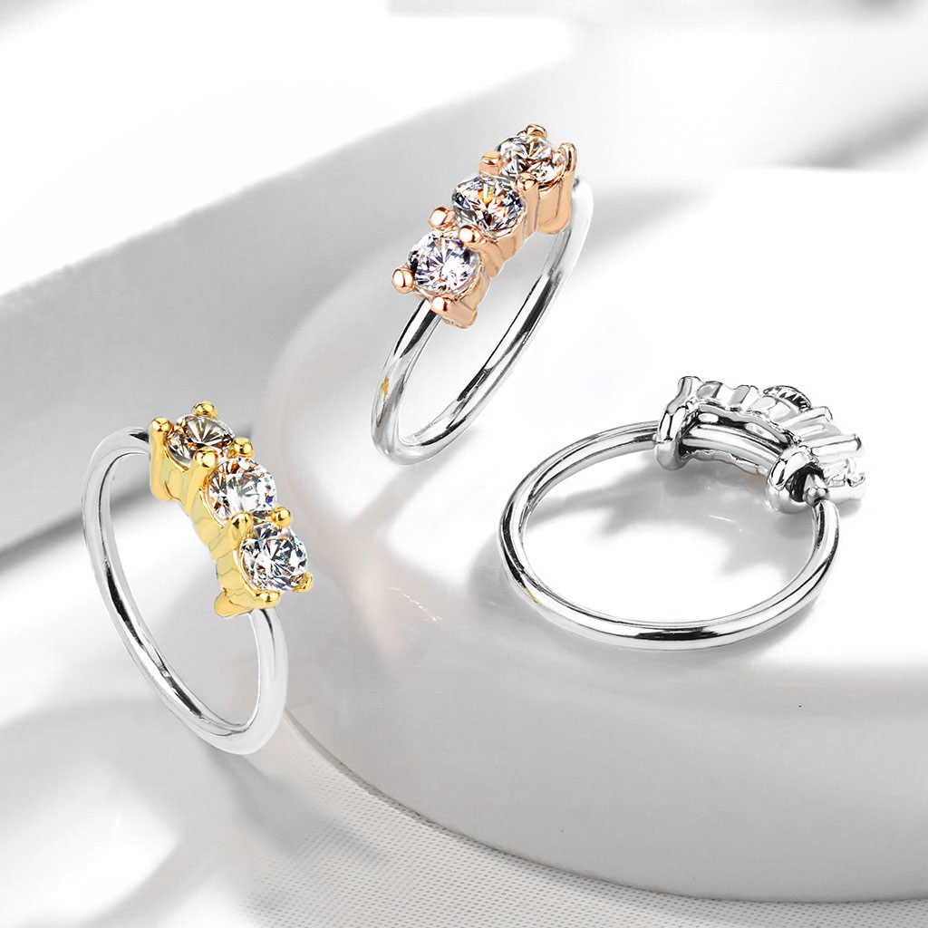20 Gauge Triple Gem Bendable Hoop Ring For Nose & Ear Cartilage