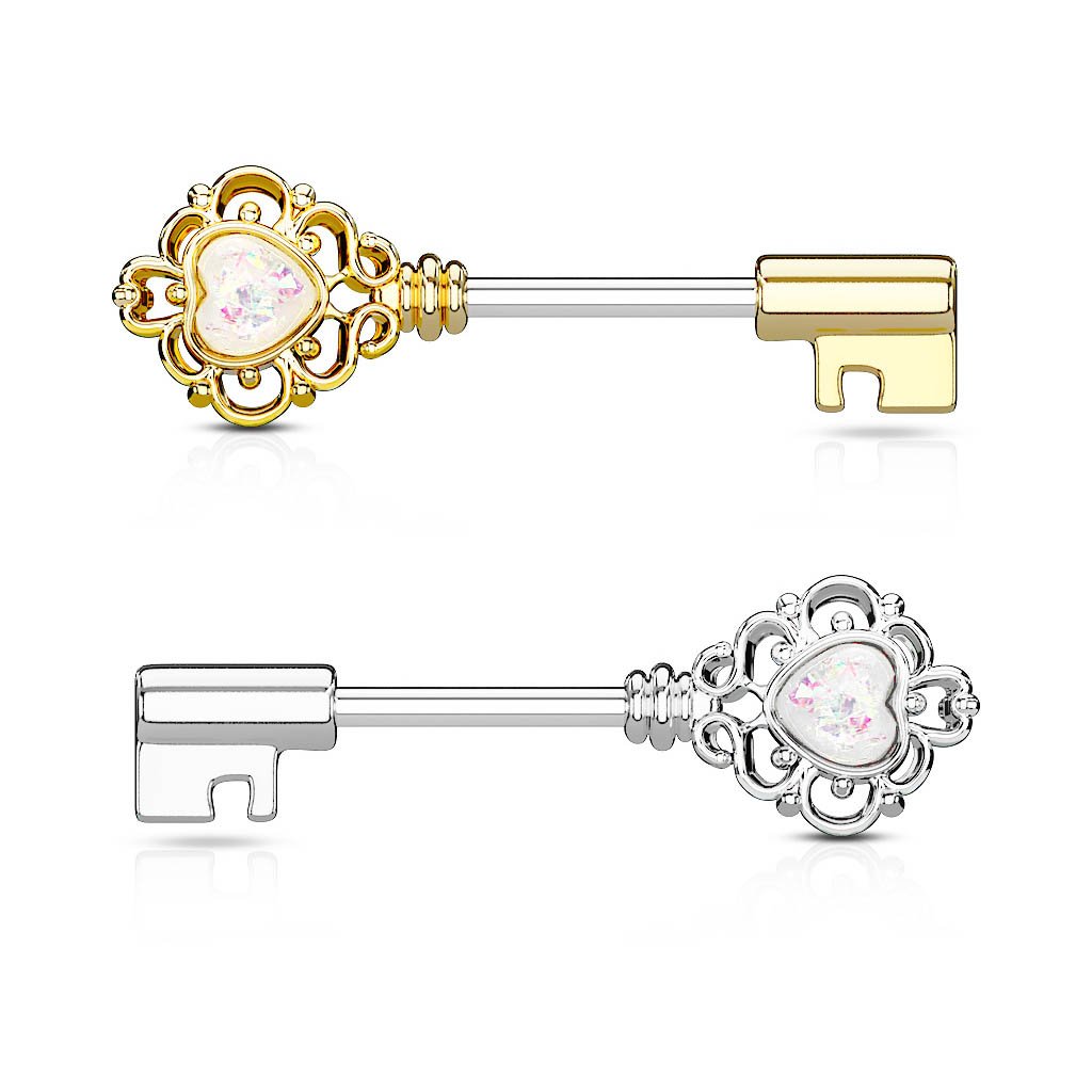 14 Gauge Key To My Heart Barbell Nipple Ring Gold / Silver