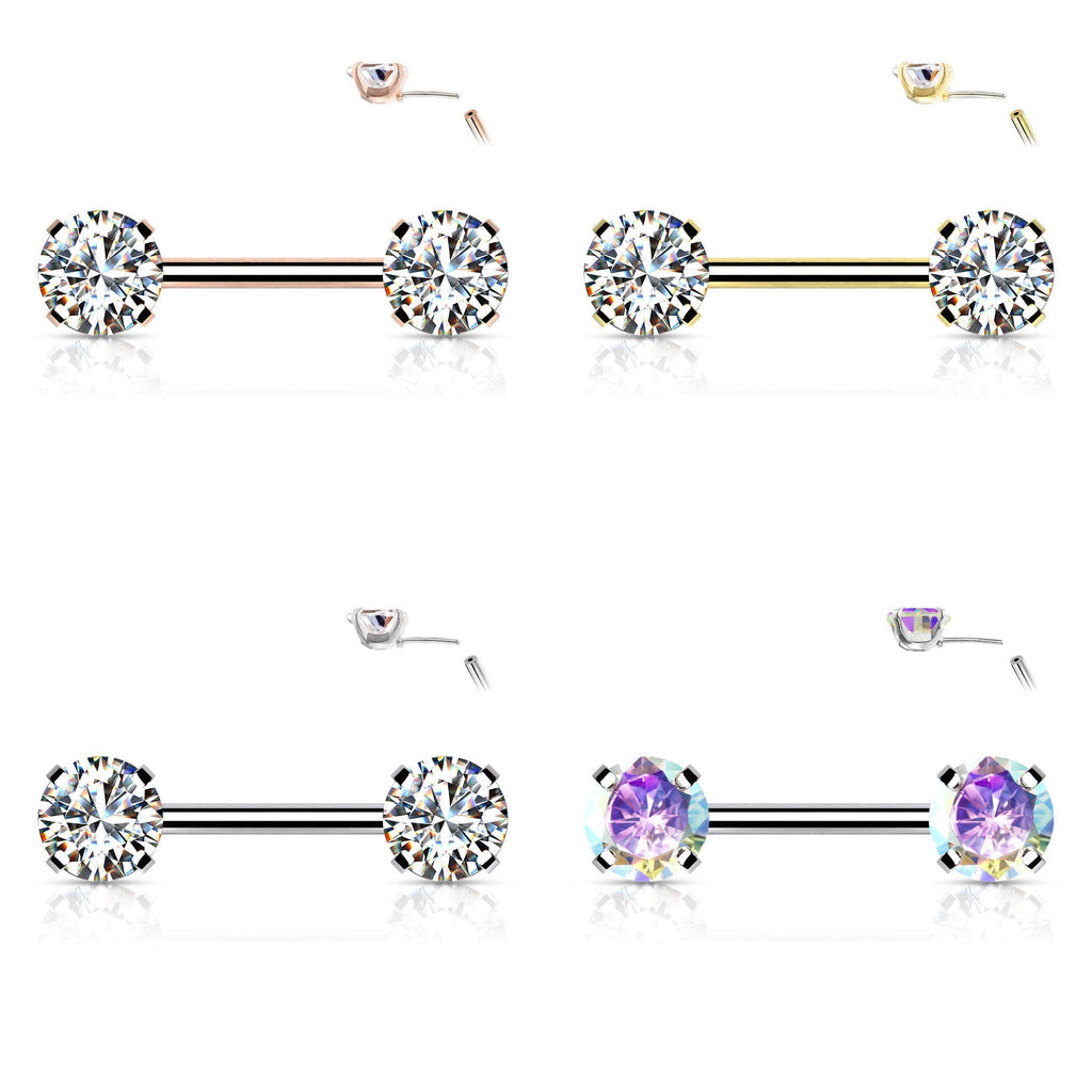 14 Gauge Prong Set Crystal Barbell Nipple Ring
